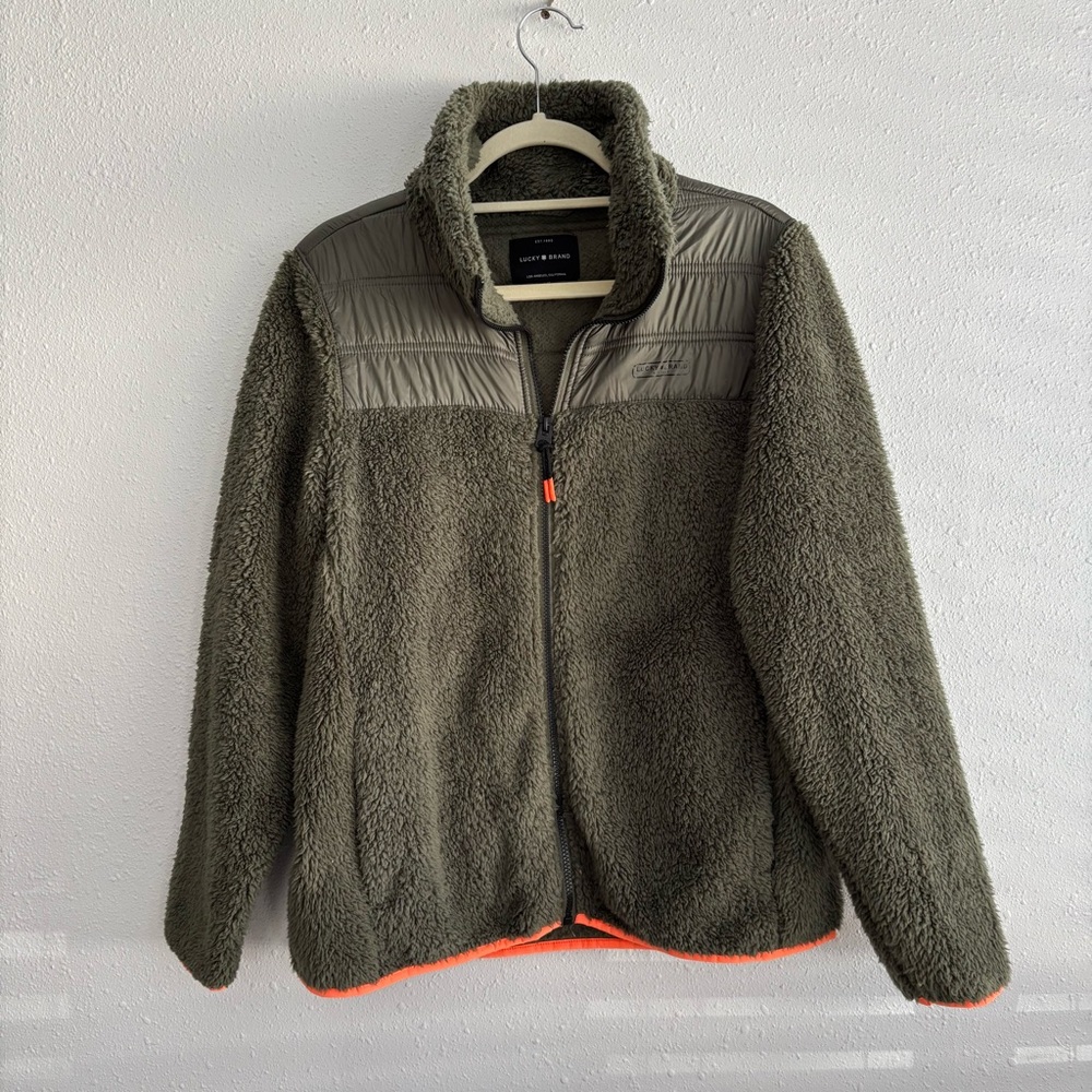 Lucky Brand Women's Soft Faux Fur Olive Green Zip-Up Jacket